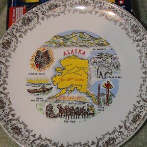 "Alaska the 49th State" Vintage Souvenir Collector Plate 9" Gold Rim